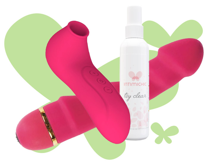 Kit erotico succionador dildo fucsia y gel de limpieza juguetes eroticos